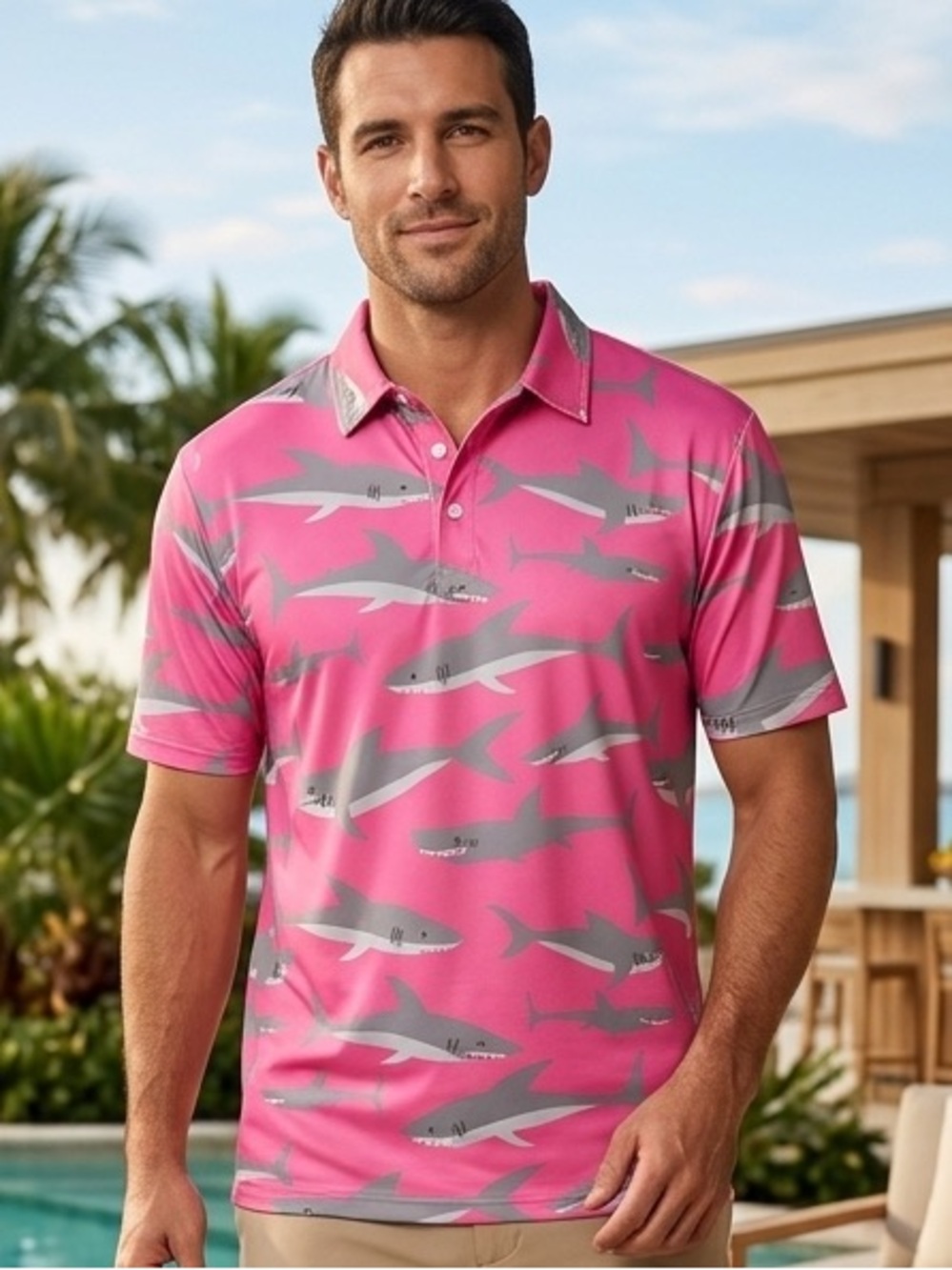 Pink Shark-Print Polo Shirt